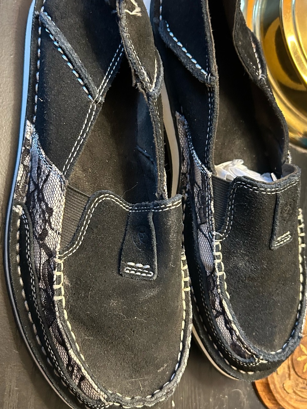 Ariat Black Suede Slip-On Loafers with Lace-Pattern Panels